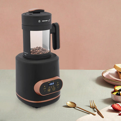 Electric Coffee Bean Roaster For Home Kitchen with LED panel, measuring cup, and coffee beans visible.