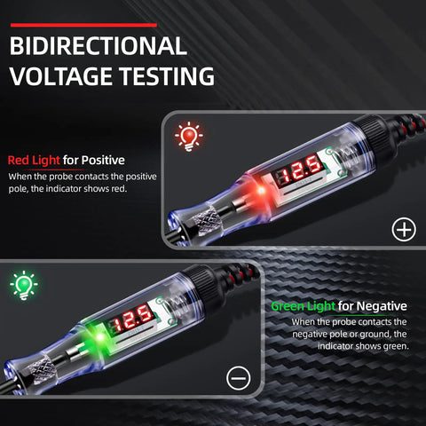 Automotive Test Light With 3 To 120V LED Digital Display And Dual Color Polarity Indicator, Pro Grade Electrical Test Pen With Sharp Steel Probe For Cars, RVs, Fuses And Electrical Troubleshooting, showing red and green voltage indicators