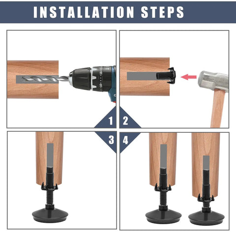 Installation steps for 4 Pack M8 Furniture Levelers Adjustable Feet For Tables, Sofas, Cabinets, And Workbenches Plus Beefy Heavy Duty Stabilizers For Uneven Floors With Wrench And T Nuts
