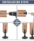 Installation steps for Eight M8 Adjustable Leveling Feet for tables sofas cabinets and workbenches with drill and hammer