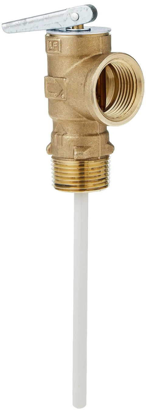 Three Quarters Inch Lead Free Bronze Temperature And Pressure Relief Valve With Fully Automatic Self Closing Action NPT Inlet To NPT Outlet Test Lever And Extension Thermostat For Water Heaters And Hot Water Tanks