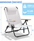 Premium Portable Camping Chair With 5-Position Recliner, Wooden Armrests, Cream White, Dimensions Shown, 350Lbs Capacity