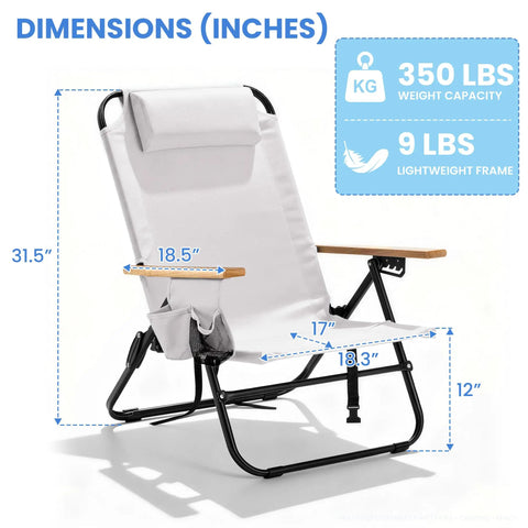 Premium Portable Camping Chair With 5-Position Recliner, Wooden Armrests, Cream White, Dimensions Shown, 350Lbs Capacity