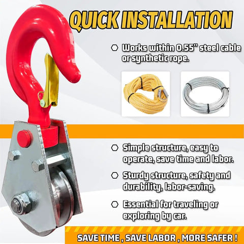 Heavy Duty Snatch Block With Hook For 1/2 To 5/8 Inch Wire Rope 3 Ton Winch Pulley For Tow Trucks Rollback Haulers Durable Galvanized Steel Rigging Accessory For Safer Lifts, red hook pulley