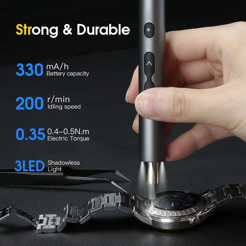 Hand using Mini Electric Screwdriver Set 120 In 1 Portable Cordless Power Kit With 100 Precision Bits And Led Light for watch repair.