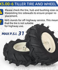 Two 13x5.00-6 tiller tire and wheel kits tubeless with 3/4 inch axle, 3-1/8 inch centered hub for Craftsman and Troy-Bilt tillers.