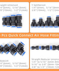 Awesome Set Of Premium Push To Connect Air Line Disconnect Tools With 15 Piece Fitting Kit For Quick Removal And Installation On All Common Pneumatic Sizes Like 1/4 Inch To 1/2 Inch Without Any Hassle. 15-piece plastic air hose fittings, 1/4 to 1/2 inch