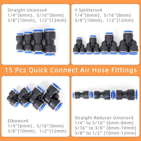 Awesome Set Of Premium Push To Connect Air Line Disconnect Tools With 15 Piece Fitting Kit For Quick Removal And Installation On All Common Pneumatic Sizes Like 1/4 Inch To 1/2 Inch Without Any Hassle. 15-piece plastic air hose fittings, 1/4 to 1/2 inch