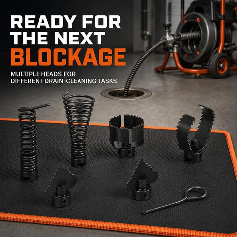 Seven Piece Plug Busting Drain Cleaning Cutter Head Attachment Featuring Reinforced Spring Coils And Sharp Serrated Blades For Heavy Duty Snake Auger Fixes And No Fuss Sewer Cleanups, showing drain cleaning tools.