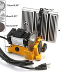 Compact 4 Inch Mini Table Saw For DIY Hobbyists Portable Cutting Tool With Three Blades Ideal For Wood Model Making Craft Projects And Small Cuts In Metal Ceramic Tile And Glass Not For Steel Or Iron Stepless Speed Control shown with three blades and measurements.