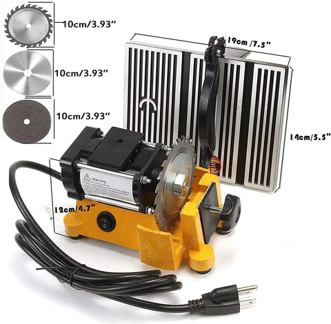 Compact 4 Inch Mini Table Saw For DIY Hobbyists Portable Cutting Tool With Three Blades Ideal For Wood Model Making Craft Projects And Small Cuts In Metal Ceramic Tile And Glass Not For Steel Or Iron Stepless Speed Control shown with three blades and measurements.
