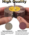 Hands holding One Quarter Inch Abrasive Flap Wheel Sander Set With 80 Grit Aluminum Oxide Flap Wheels for drills and grinders.