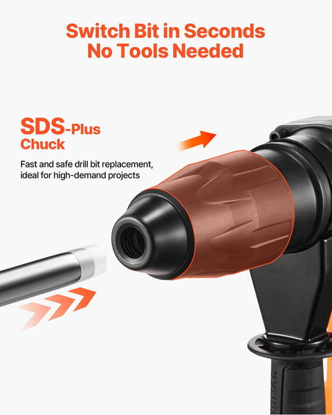Close-up of Beefy SDS-Max Rotary Hammer Drill With 1-9/16 Inch Capacity, 13 Amp Corded Demolition Power featuring SDS-Plus chuck.