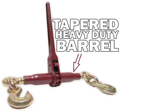 Ratchet Load Binder For 5/16 To 3/8 Inch Chains With Premium Gold Tip Forged Grab Hook And One Piece Handle 7,100 Lbs Working Load 21,300 Lbs Max Capacity Built Tough Heavy Duty Cargo Control Gear showing tapered barrel and hook