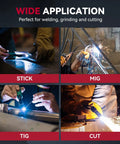Welding applications: stick, MIG, TIG, and cutting shown with sparks, highlighting diverse uses of Auto Darkening Welding Helmet With Huge 3.94 By 3.66 Inch Viewing Screen True Color Hood Four Arc Sensors Solar Powered Workhorse Performance With Shade Range 4 To 13 Pro Grade ARC TIG MIG Welding Helmet For Pros.