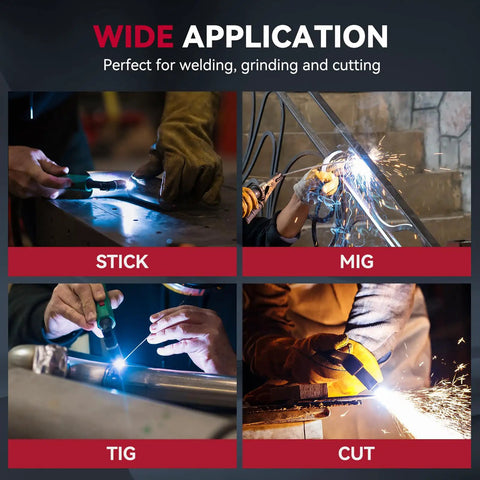 Welding applications: stick, MIG, TIG, and cutting shown with sparks, highlighting diverse uses of Auto Darkening Welding Helmet With Huge 3.94 By 3.66 Inch Viewing Screen True Color Hood Four Arc Sensors Solar Powered Workhorse Performance With Shade Range 4 To 13 Pro Grade ARC TIG MIG Welding Helmet For Pros.