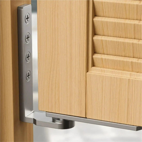 Built Tough Stainless Steel Pivot Door Hinge delivering slick 360 degree spin mounted on hardwood trim with screws.