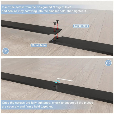 Installation guide for Hella Smooth Five Foot Sliding Barn Door Hardware Kit, showing screw placement on track rail.