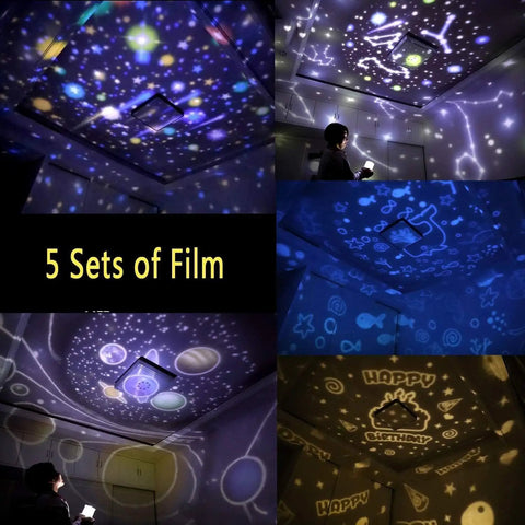 Kids Night Light With Star Projector, Multifunctional Wall Mount Lamp showing five film shapes and lighting on ceiling.