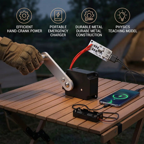Super Solid Hand Crank Generator Flashlight Featuring Portable Emergency Charger And Smooth Operator Crank Action For Classroom Physics Demos And Off Grid Power Setup, metal construction with hand crank on wooden table.