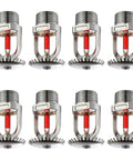 Eight Pack Heavy Duty Fire Sprinkler Heads 3 4 Inch Dn20 Solid Brass Chrome Plated 68 Degree Automatic Heat Trigger Built Different Top Tier Upward Ceiling Mount Setup, showing detailed sprinkler heads with red glass bulb.