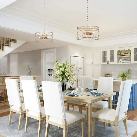 Gold Drum Chandelier 3 Light Modern Fixture with Flower Shape Shade in Dining Room