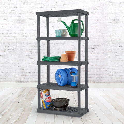 Hustle Proof Five Shelf Heavy Duty Plastic Storage Rack With Ventilated Perforated Shelves Holding Up To One Hundred Fifty Lbs Per Level For Garage Basement Project Organization