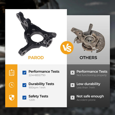 Comparison of Parod front steering knuckle vs other brand; highlighting performance and durability for Subaru models