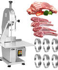 Top Tier Heavy Duty Electric Meat Band Saw Machine Tears Through Hard Bones And Frozen Meat With No Sweat Cutting Action Featuring 1800W Copper Motor Stainless Steel Body Quick Clean Design Comes With Six Backup Blades with meat and blades displayed.