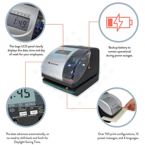 Electronic Time Clock Machine With Automatic Daylight Savings And Battery Backup, showing LCD display, compact design and card slot.