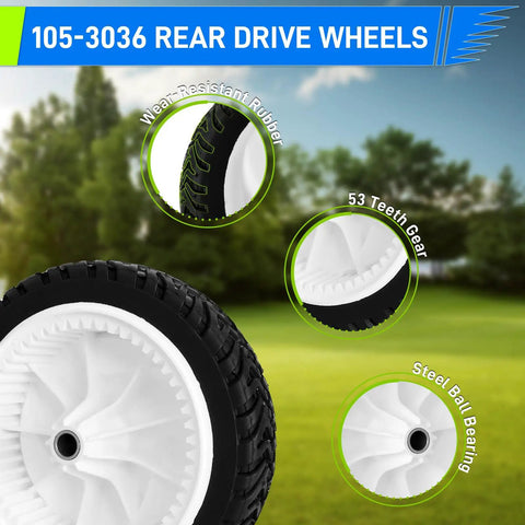 Front Drive Wheels Replacement For 22 Inch Recycler Lawn Mower With 8 Inch Diameter Wheels Compatible With Recycler Self Propelled Models 20016 20065 20005 Gear Assembly 2 Pack Easy Install No Fuss Durability showing wear-resistant rubber, 53 teeth gear, and steel ball bearing