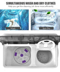 Compact Twin Tub Portable Washing Machine With Separate Wash And Spin Dryer Dual Timer Knobs Auto Drain Pump Fits Any Small Room Light Grey White showing wash and spin dryer compartments.