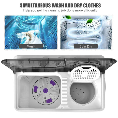 Compact Twin Tub Portable Washing Machine With Separate Wash And Spin Dryer Dual Timer Knobs Auto Drain Pump Fits Any Small Room Light Grey White showing wash and spin dryer compartments.