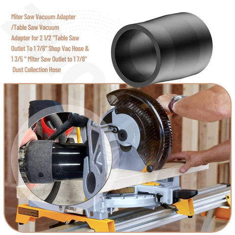 Super Handy Miter Saw Vacuum Adapter connects 1-7/8 inch hose to 2-1/2 inch table saw outlet and 3/5 inch miter saw port