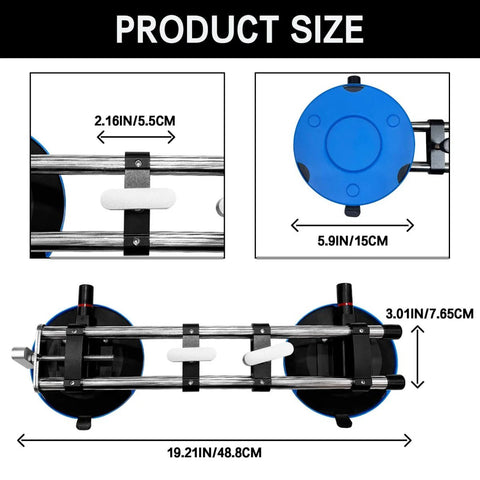 Product size dimensions of Heavy Duty Vacuum Countertop Leveling System With 3 Second Quick Suction Tech, featuring adjustable knobs.