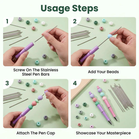 50 Pack Beadable Pen Extenders for Beadable Pens Stainless Steel Rods With Blank Metal Bars 4.6 Inch Length DIY Pen Repair and Craft Making Supplies Space For More Beads Caps And Charms, usage steps