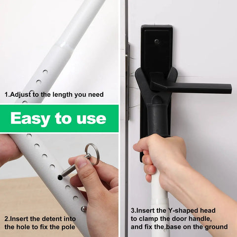 Adjustable Security Door Stop Bar With Interchangeable Caps And Rubber Tips, shown being installed on door handle