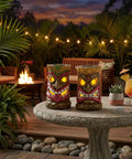 Tiki Head Garden Decor With Solar Outdoor Light Set Of 2 Tropical Hawaiian Resin Yard Sculptures on patio table at night