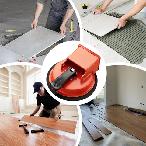Floor Crack Repair Tool With Suction Cup Lifter And Gaps Fix System For Laminate Wood Vinyl Flooring, Heavy Duty Metal Construction, Precision Alignment, Tile Adjuster in use on various flooring surfaces.
