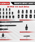 30 Piece One Quarter Inch Drive Magnetic Shallow Impact Socket Set, Pro-Grade 6-Point CR-MO Steel Construction, SAE And Metric Sizing, Includes Extension Bars, Socket And Hex Shank Adapters, And Universal Joint displayed in grid layout