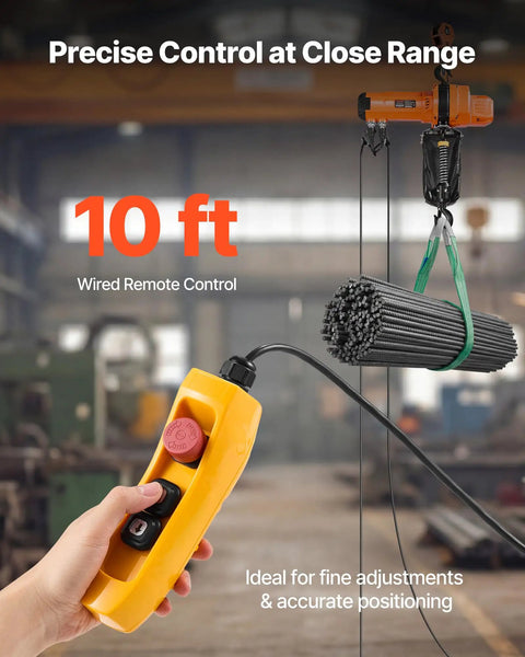 Heavy Duty 2200 Lbs Electric Chain Hoist With 10 Ft Lift, 120V Single Phase Motor, G100 Grade Steel Cable, Smooth Constant Speed Operation, Wired Remote Included For Tough Garage Bays And Daily Shop Grind with wired remote control in close range.