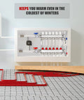 Six Loop Radiant Floor Heating Manifold for One Half Inch PEX Tube in 304 Stainless Steel mounted on wall with heating grid below