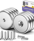 Eight Pack Neodymium Magnet Cups, 100 Lb Pull, Industrial Strength Rare Earth Magnets With Countersunk Hole, Round Base