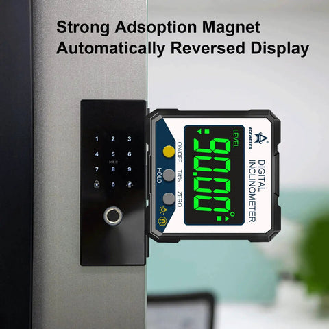Digital inclinometer with strong magnet and reversed display attached to a metallic surface, for precise angle measurements.