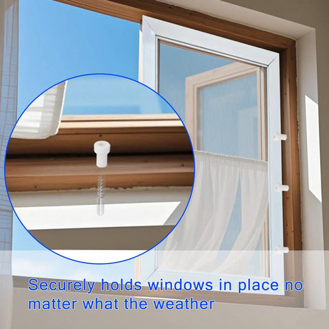 Premium Heavy Duty 12 Pack Window Screen Plunger Latches With Coiled Springs And Protective Caps Rustproof Aluminum Retainer Pins securely holding window open.