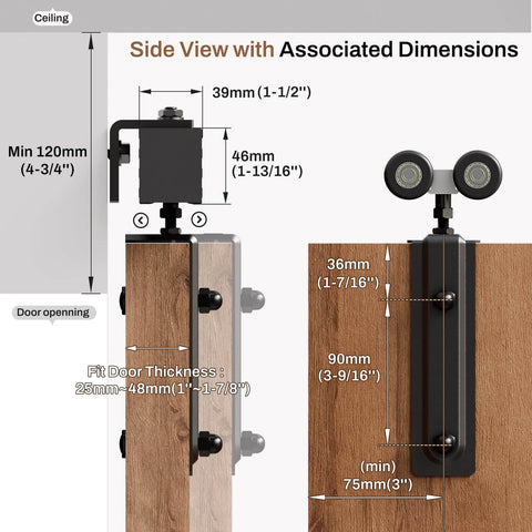 Beefy Heavy Duty Box Rail Sliding Barn Door Track Kit Aluminum Alloy Wall Mount For A Single Door Up To 36 Inches Wide, side view