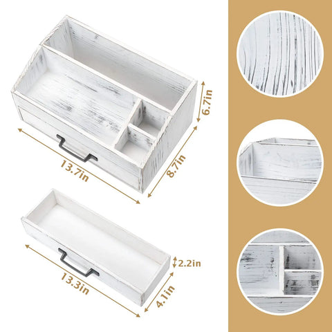 Rustic White Coffee Bar Organizer With Drawer All In One Setup Three Compartments And Deep Storage For Pods Tea Sugar Sticks Straws And Cups Farmhouse Kitchen Counter Organizer And Decor