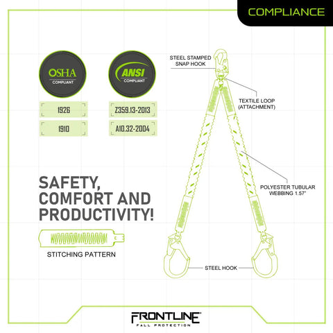 Diagram showing No Nonsense Elastic Double Leg 6ft Lanyard with aluminum rebar hooks and snap hook, OSHA ANSI compliant.