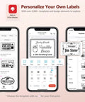 Smartphone app interface showing label design options for Super Duper Cool M110 Wireless Bluetooth Label Printer.