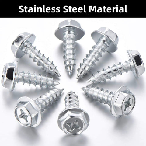 Stainless Steel License Plate Screws Kit 50 Pcs Rustproof Bolts arranged in a circle showing hex heads and threads.